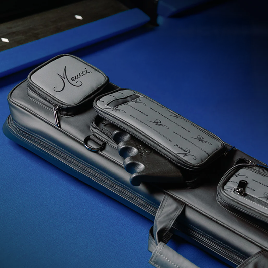 Gray cue case with logo on a blue surface